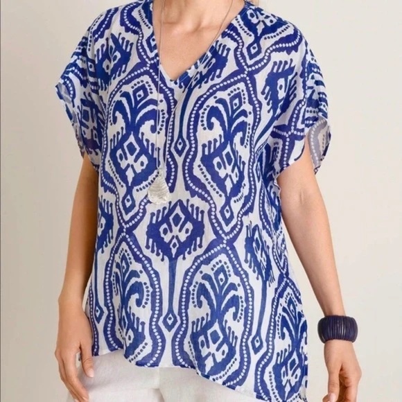 Chico's Ikat Poncho Linen White/Blue - Picture 1 of 8